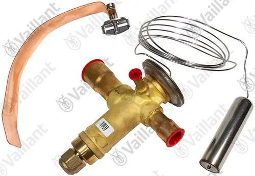 Vaillant Expansionsventil, bestehend aus einem Hauptkörper mit Anschlussstücken, einer Kupferleitung, einem Thermofühler und einer Feder.